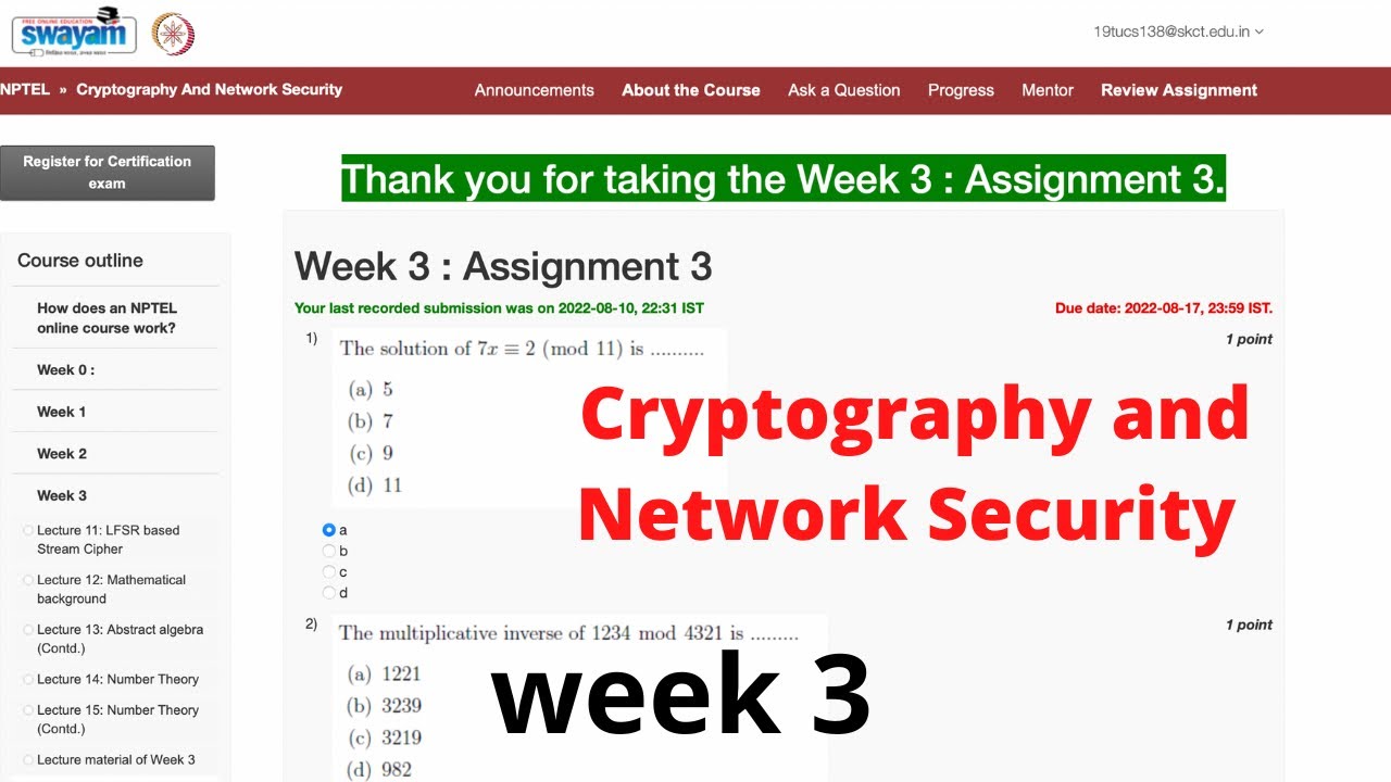 NPTEL 2022 Week 3 Assignment 3: Cryptography & Network Security Solutions 🔐