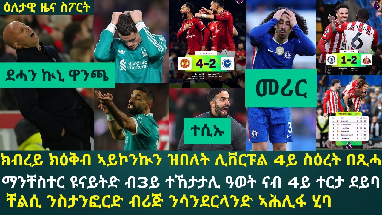 ዕለታዊ ዜና ስፖርት ቀዳም 25 ጥቅምቲ 2025፦ ሊቨርፑል 4ይ ተኸታታሊ ስዕረት ተሰኪማ // ቸልሲ ብሳንደርላንድ ሓፊራ // ዩናይትድ ኣብ 3ይ ስሩዕ ዓወት