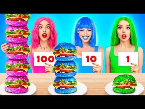 100 Lapis MAKANAN PINK vs HIJAU vs BIRU | Tantangan Satu Warna Permen oleh RATATA CHALLENGE