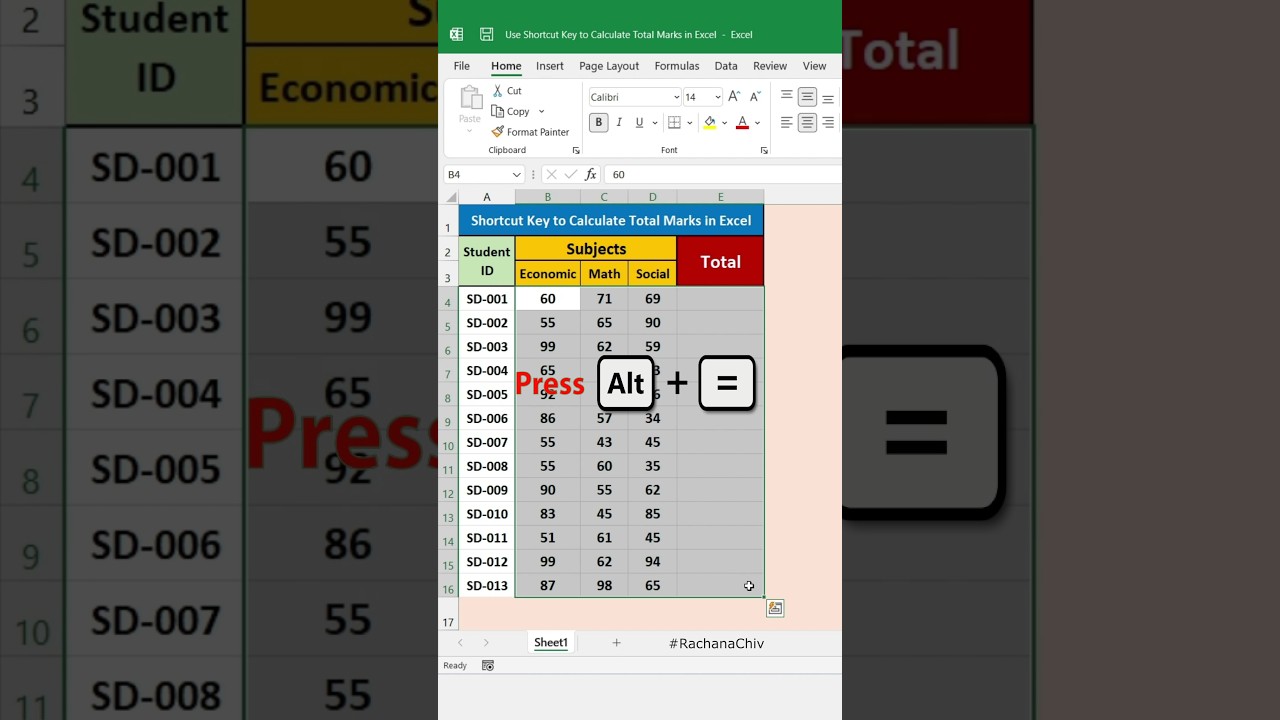 Excel SUM Shortcut to Calculate Total Marks π