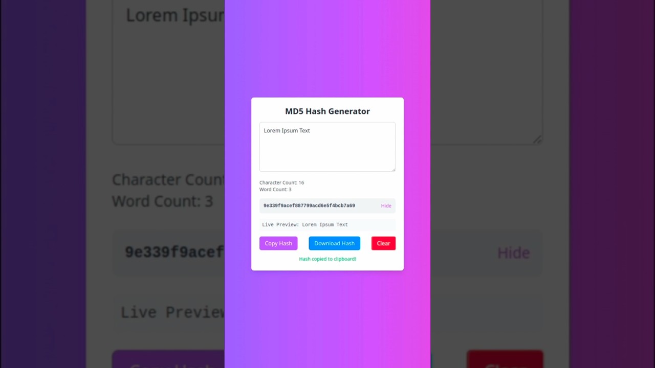 MD5 Real-Time MD5 Hash Generator with JavaScript 🚀