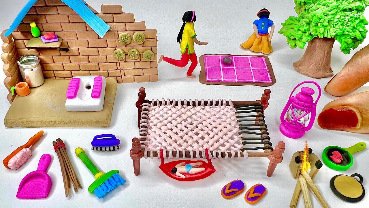 DIY How to make polymer clay miniature Village House, Washroom Set, Kitchen Set,Tree,Charpai lantern