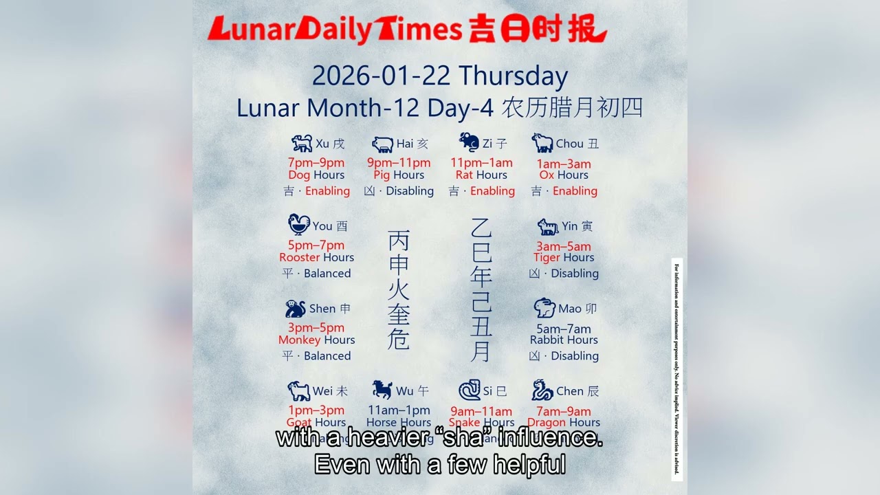 Lunar Calendar Insights | January 22, 2026 | Auspicious Hours & Daily Wisdom by Lunar Daily Times