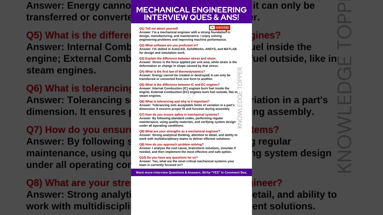 Top 10 Mechanical Engineering Interview Questions & Expert Answers 🔧