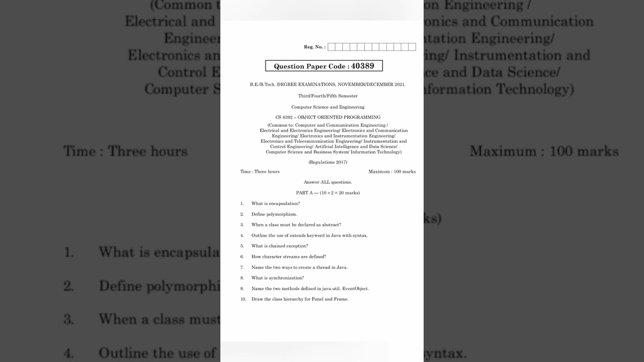 CS8392 Object Oriented Programming Question Paper - 2021