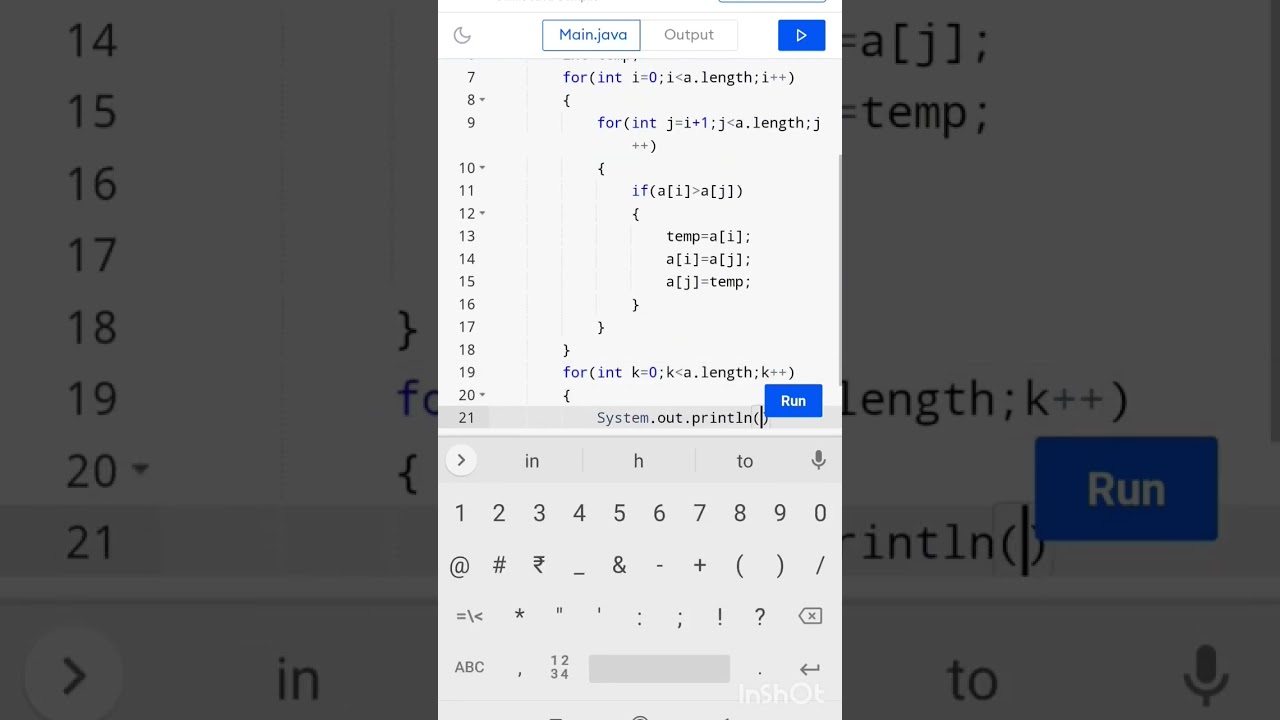 Array sorting in Java programming #codingguru #youtubeshorts ππ