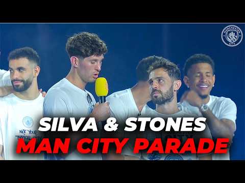 STONES & BERNARDO SILVA farewell speeches during Manchester City parade