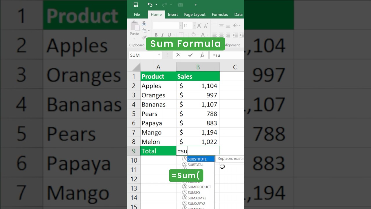 Master the SUM Formula in Excel in Just 9 Seconds! 📊