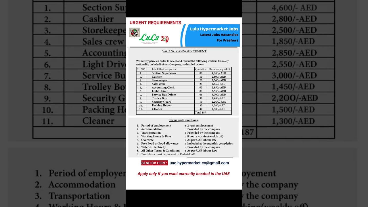 LULU hypermarket job vacancies in Dubai #dubaijobs #uaejobs #shorts #jobsindubai #jobsearch