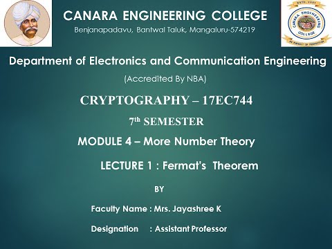 VTU CRYPTO 17EC744 M4 L1: Fermat's Theorem and Euler's Totient Function
