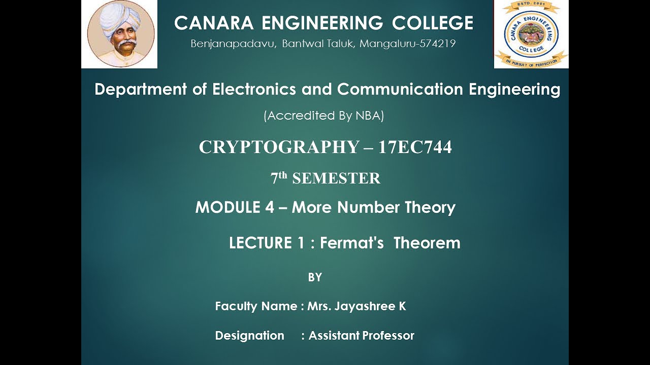 VTU CRYPTO 17EC744 M4 L1: Fermat's Theorem and Euler's Totient Function
