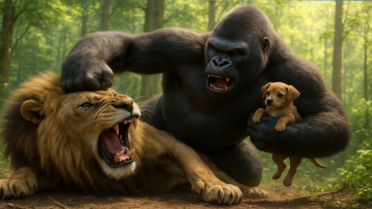 Kong Saves Puppy from Lion in Epic Jungle Battle 🦍