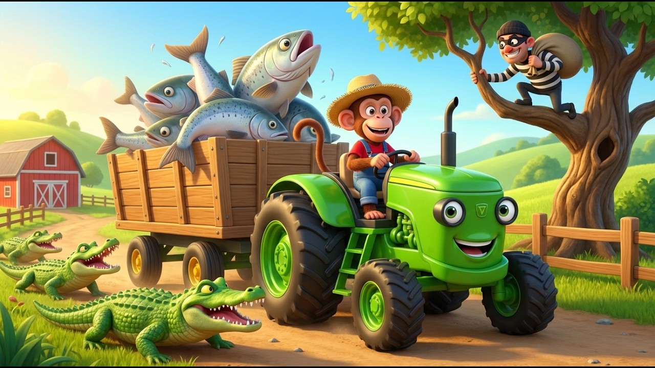Cute Monkey Farm Adventure: Fire Rescue Tractor & Fish Thief Chase | Funny Farm Cartoon