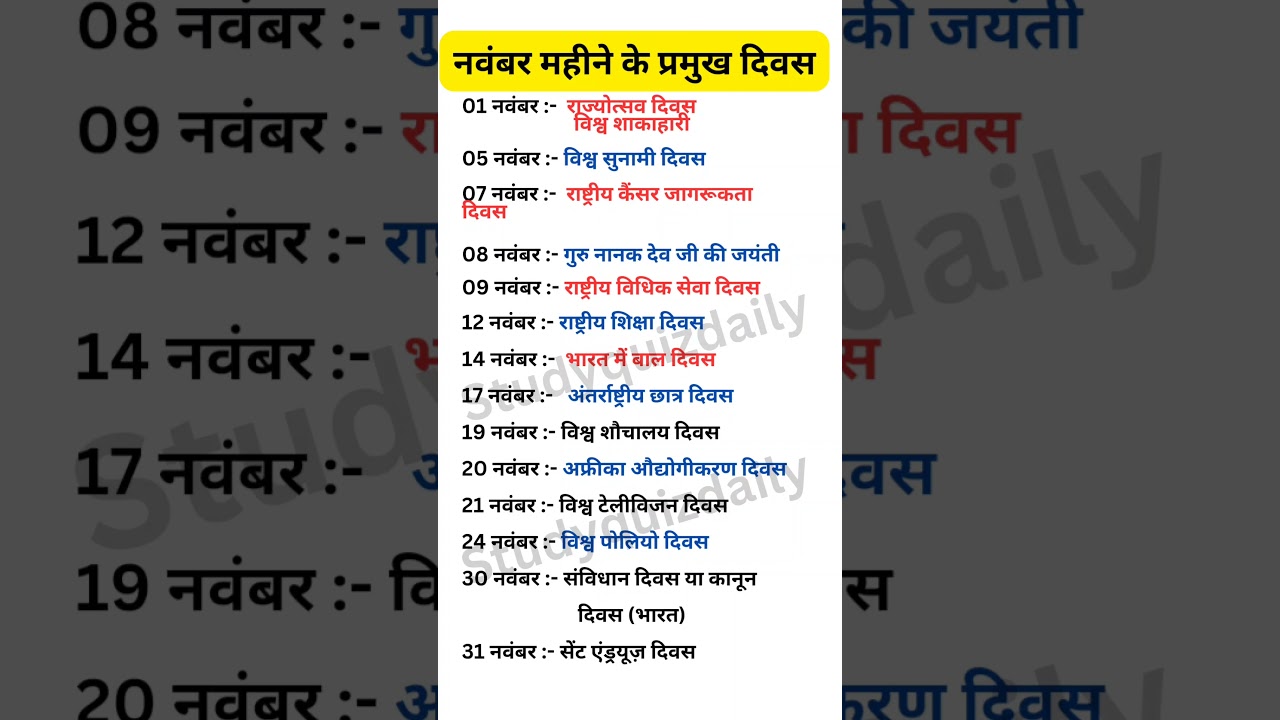 नवंबर के महत्वपूर्ण दिवस 🎉