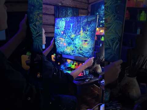 My Bioluminescent jungle under normal and UV light ✨-#art #oilpainting #fantasy #landscapepainting