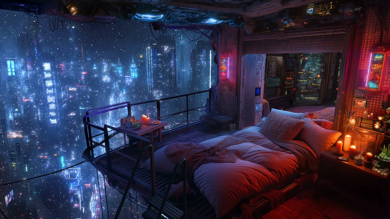 Cozy Loft Over City with Snow & Ambient Music ❄️