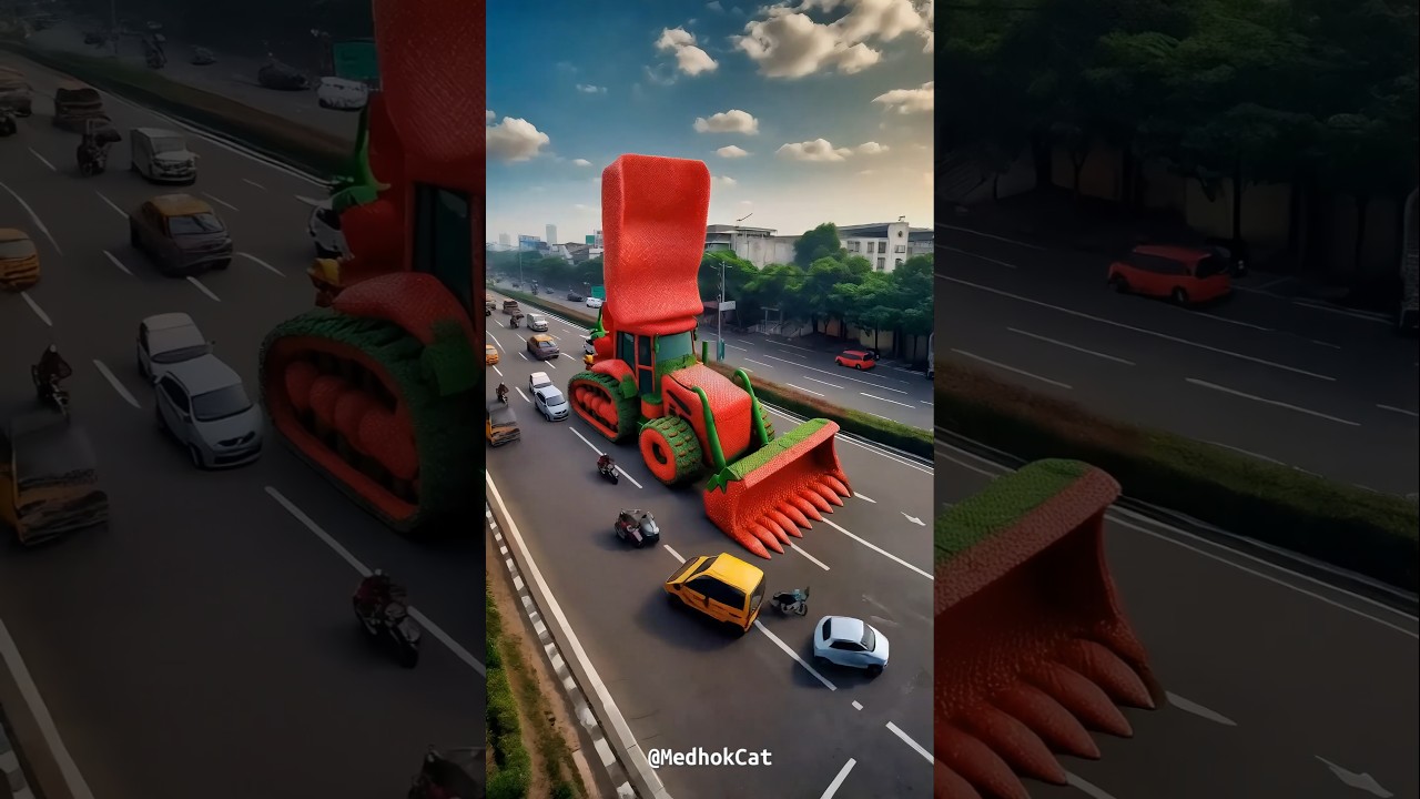 Strawberry Bulldozer Transforms into a Robot in City Streets