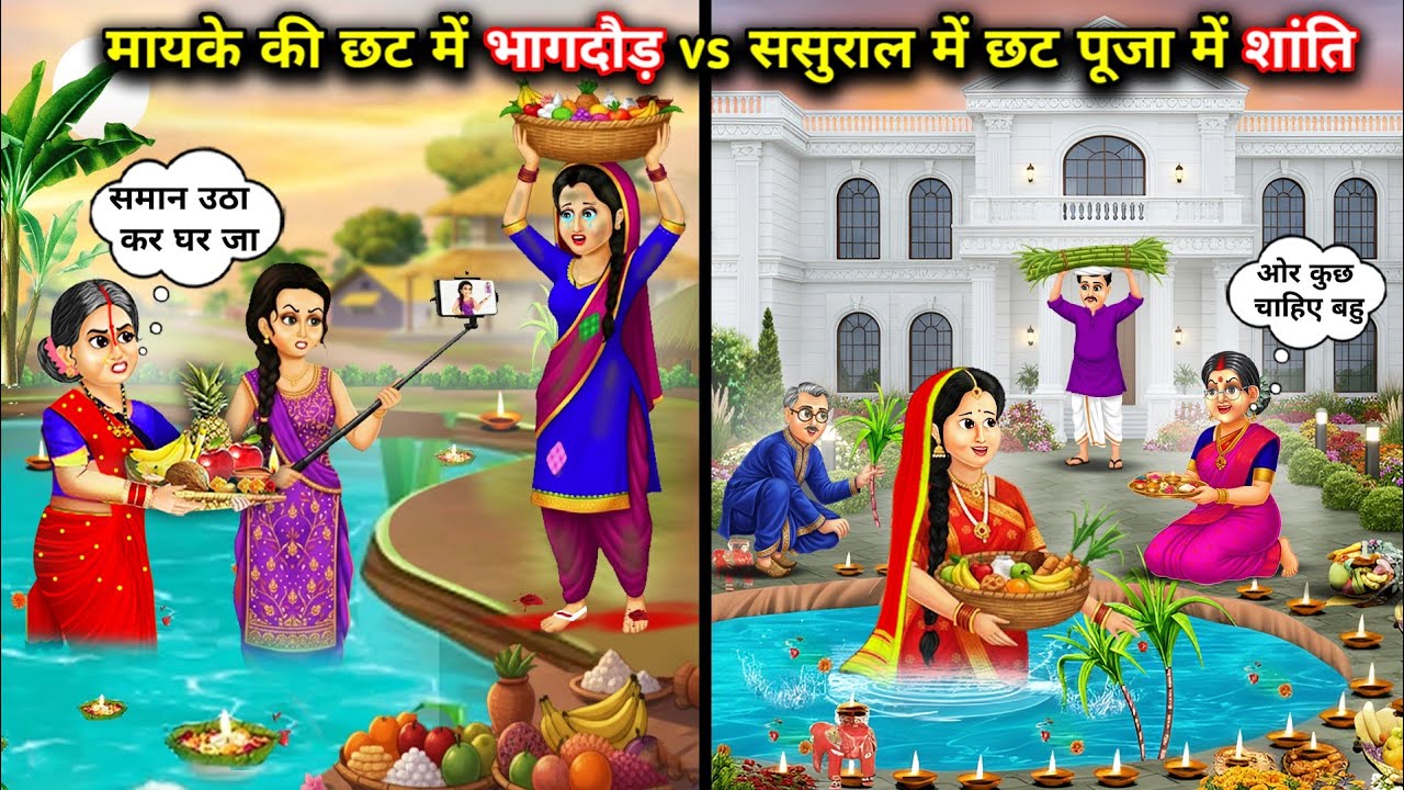 मायके की छठ में भागदौड़ vs सुसराल की छठ पूजा में शांति||Hindi Cartoon Stories||Rushing in chhath at.