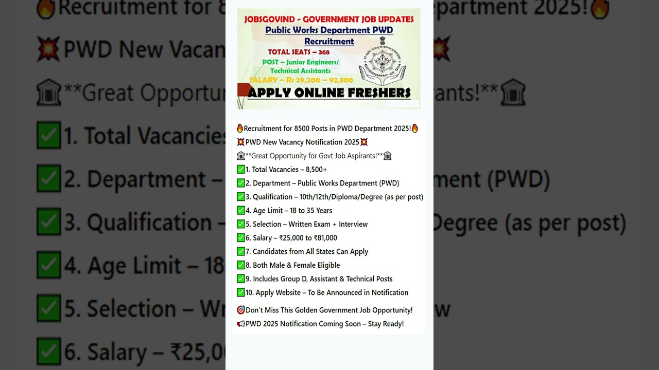 PWD Department Recruitment 2025: 8,500 Posts Available