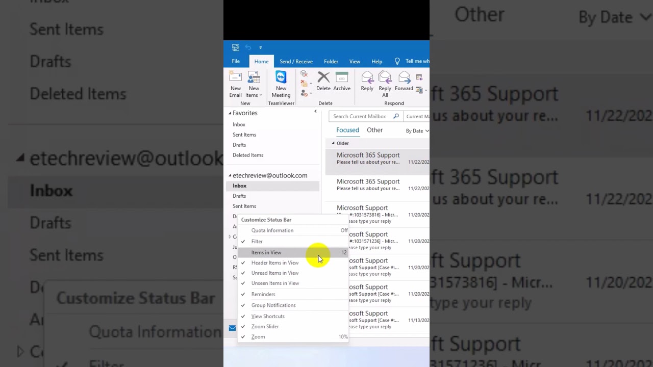Outlook 2019: Fix Status Bar Email Count Issue