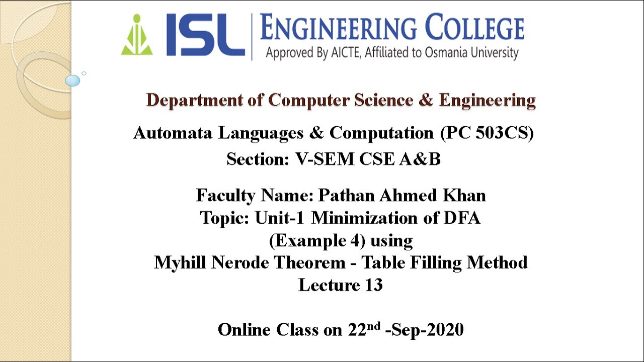 DFA Minimization with Table Filling Method (Lecture 13)