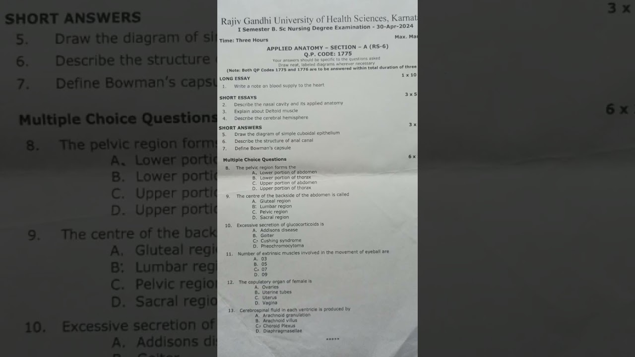 BSC nursing 1st sem question paper 2024 applied anatomy 💥 #exam #chemistry #bscnursing