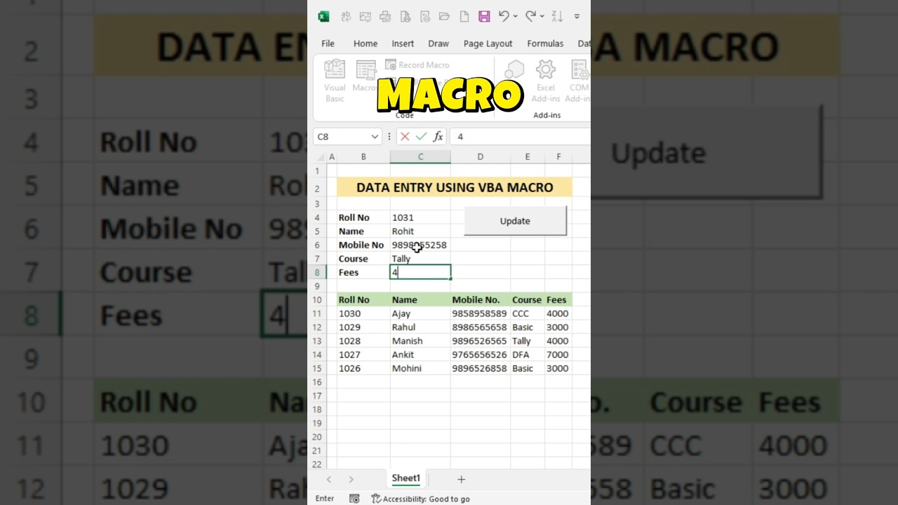 Data entry using VBA Macro #shorts #ytshorts #excel #excelshorts