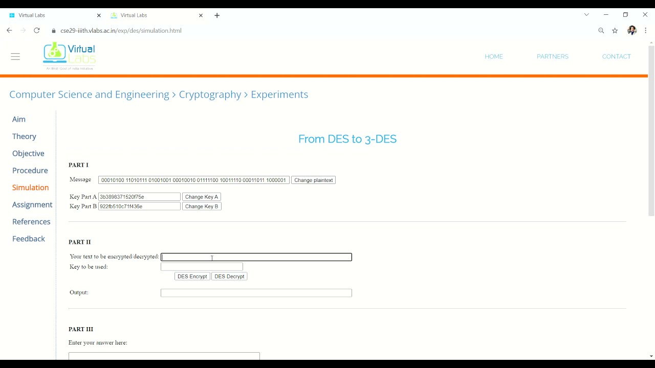 IITB Virtual Lab: Cryptography Lab – From DES to 3-DES and Symmetric Key Encryption Standards