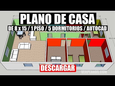 Plano de casa simple de 8x15 mtrs y 5 dormitorios 🤩 ¡Para Descargar!