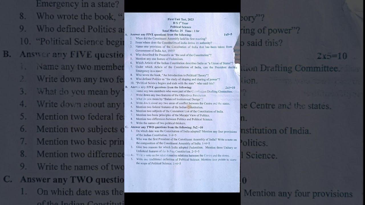 HS 1st Year Political Science 2023 Question Paper ๐