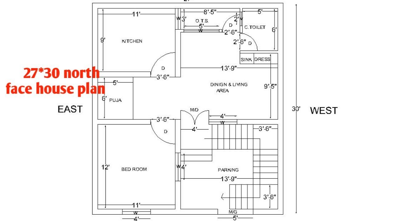27x30 North-Facing 1BHK House Plan 🏡