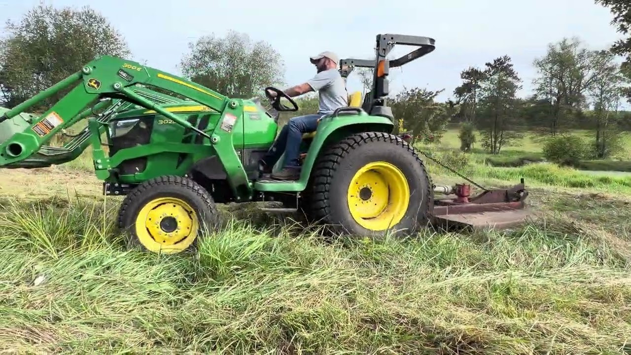 John Deere 3025E Tractor Brush Cutting Tall Grass and Weeds with a Bush Hog