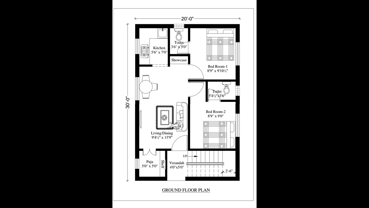 North Facing 20'x30' House Plan (600 sqft)