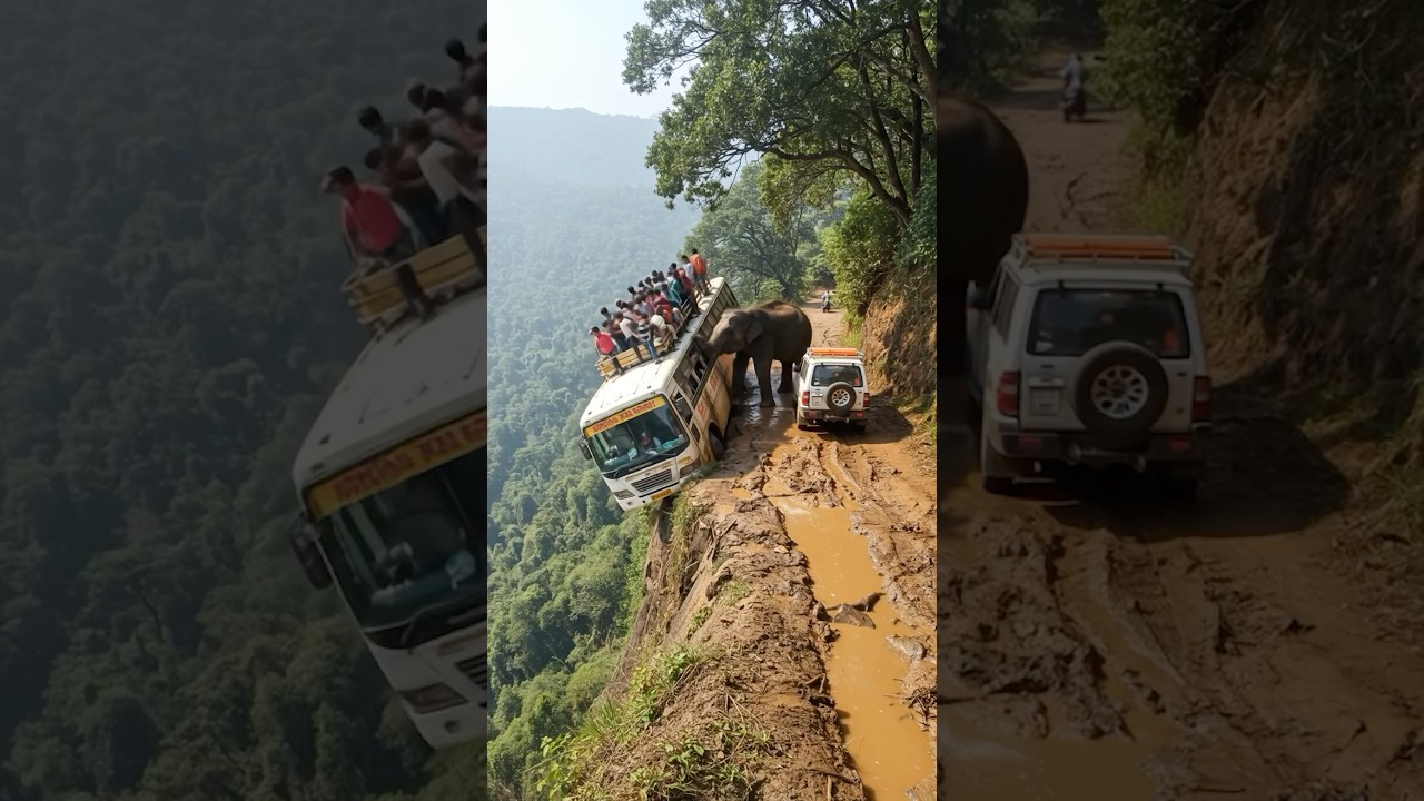 Wild Elephant Attacks Tourist Bus on Cliff Edge in AI-Generated Footage