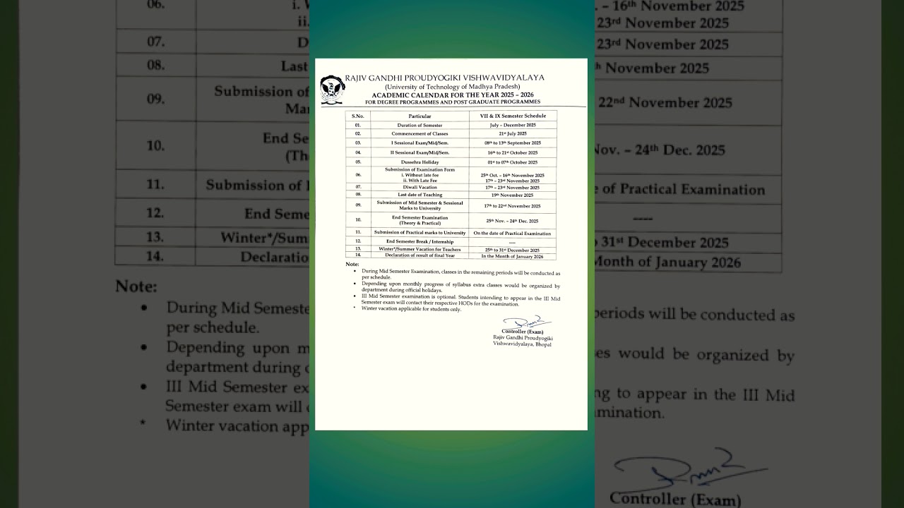 RGPV Bhopal VII & IX Semester Academic Calendar 2025 π