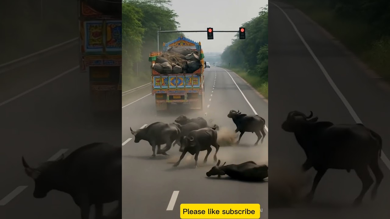 Truck Hits Buffaloes Crossing Highway 🐃
