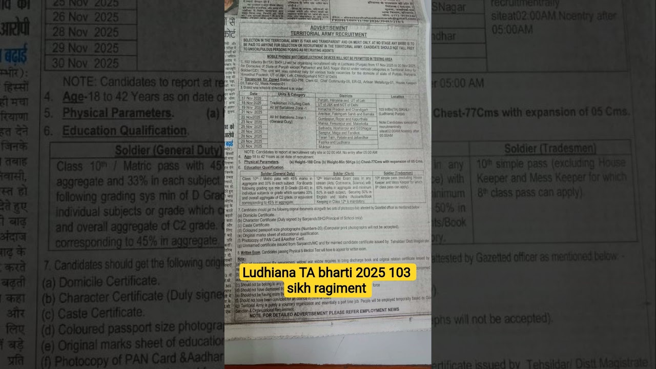 Ludhiana TA Bharti 2025 in 103 Sikh Regiment ✅
