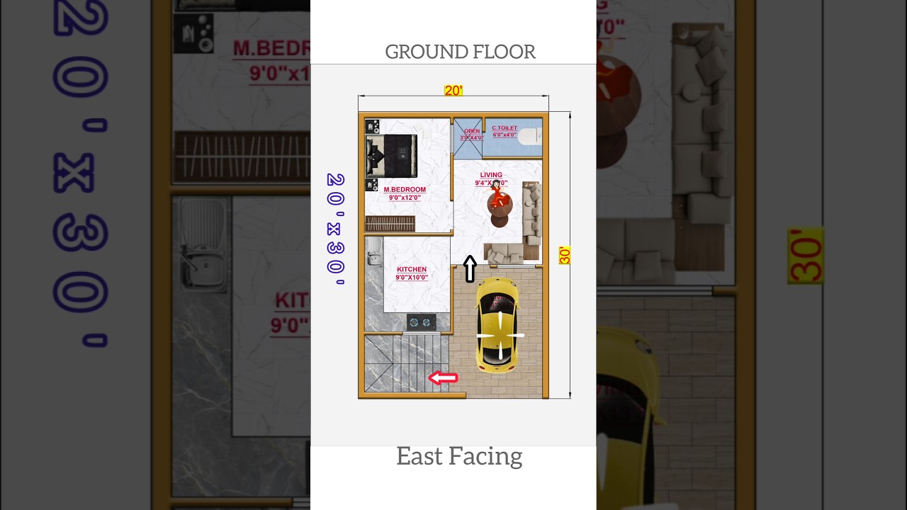 20x30 East Facing 1BHK House Plan with Car Parking