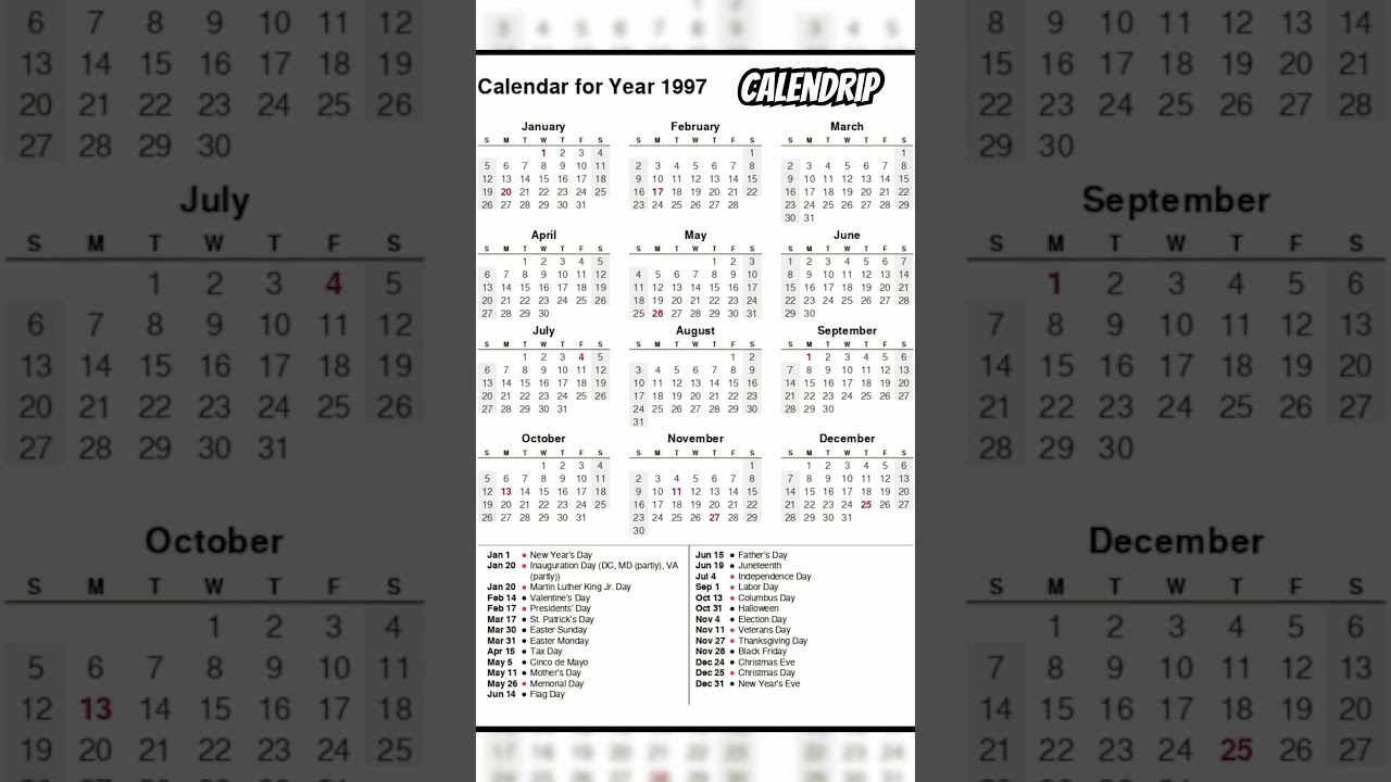 1997 Calendar with Festivals & Holidays 📅