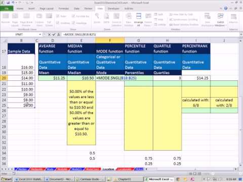 Excel 2010 Statistics #26: Location: Mean, Median, Mode, Percentile, Quartile, PercentileRank