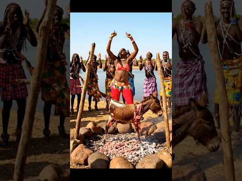 🔥 African Tribal Dance & Cooking | Donkey Feast with Traditional Music 🎶🫏🌎 | #shorts