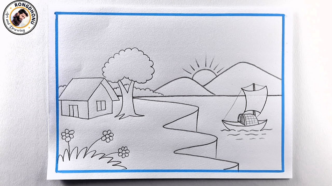 Mountain Scenery with Village River💛🏞  Pencil Drawing 💚🌳 Bangla Voice Tutorial