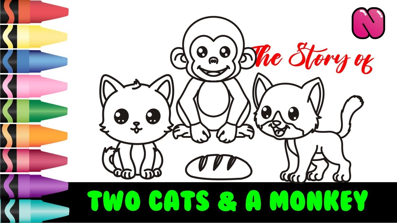 Two Cats And a Monkey, Story Telling, Drawing And Coloring In Easy Way Step By Step