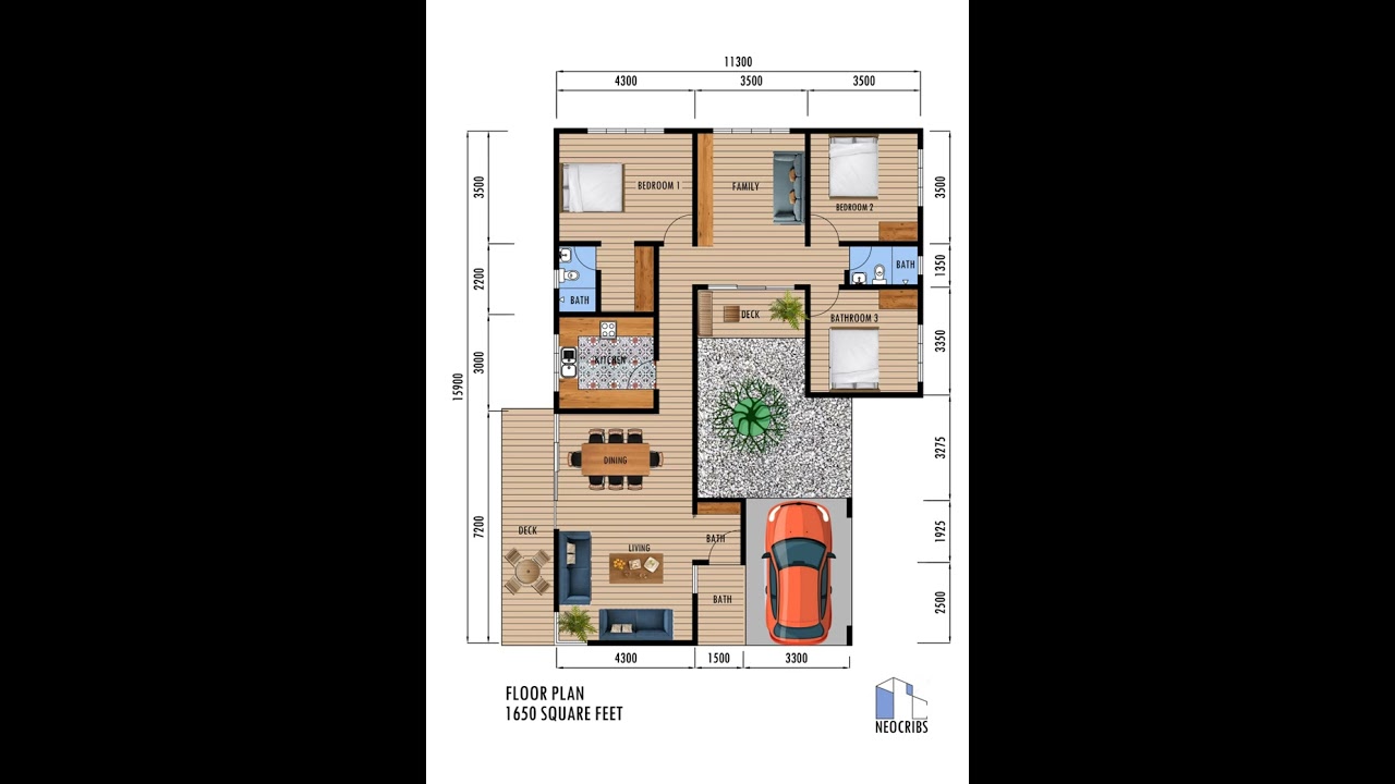 3BR House Plan with Family Area & Courtyard 🏡
