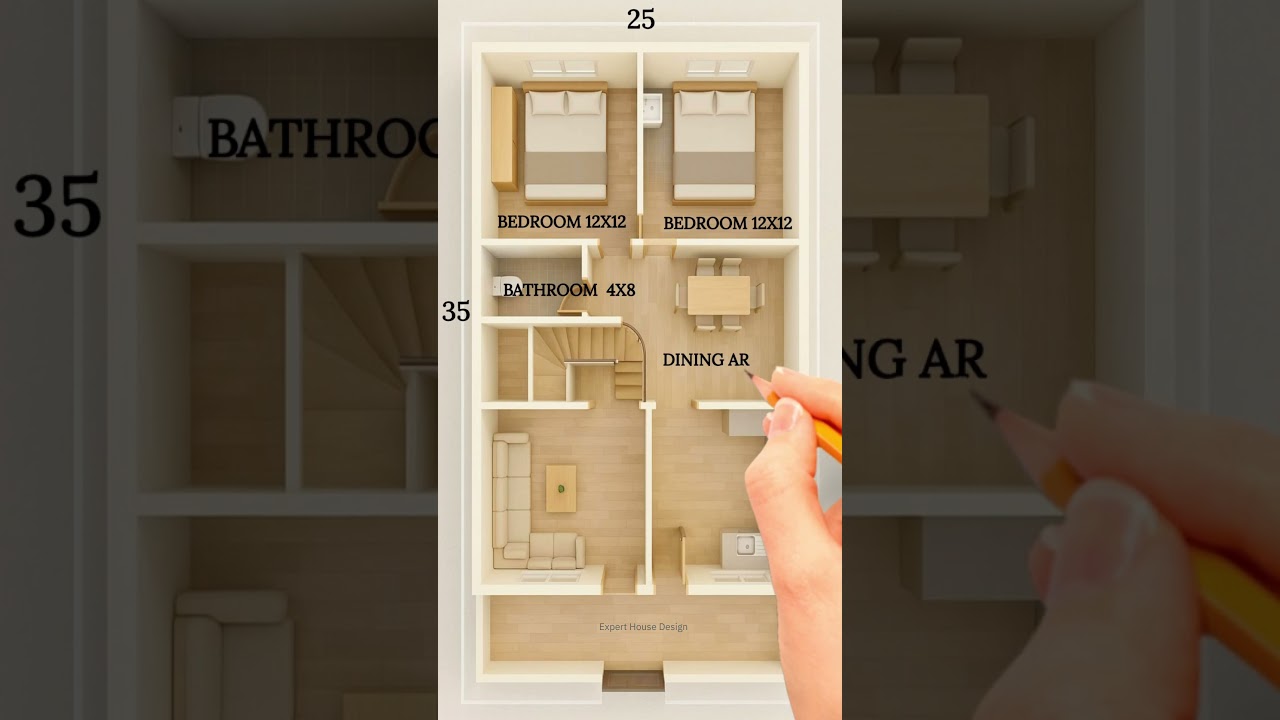 25x35 2BHK House Plan with Furniture & Section ✍️