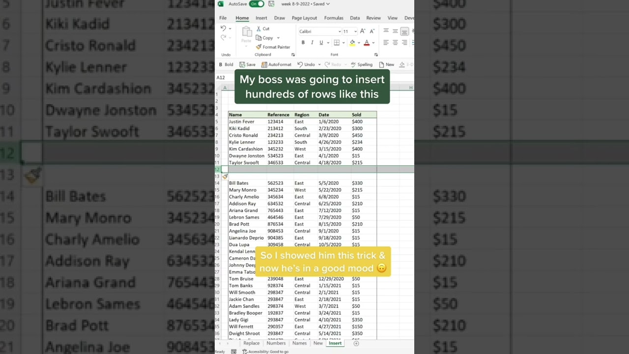 Excel Shortcut for Inserting Multiple Rows