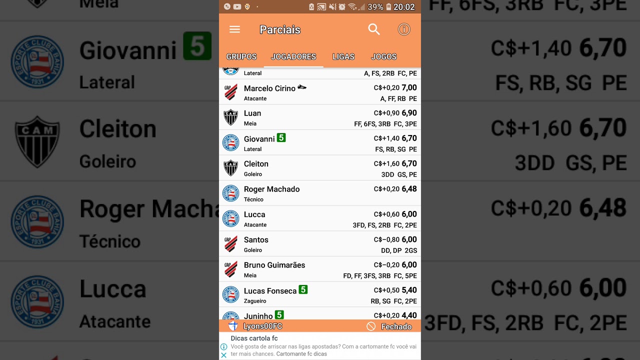 Cartola: Parciais da Rodada ⚽