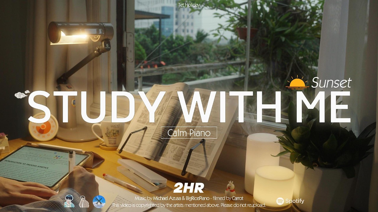 🥕2-HOUR STUDY WITH ME at Sunset 🌇ft. Cloudy Day | 🎹Calm Piano | Pomodoro 50-10