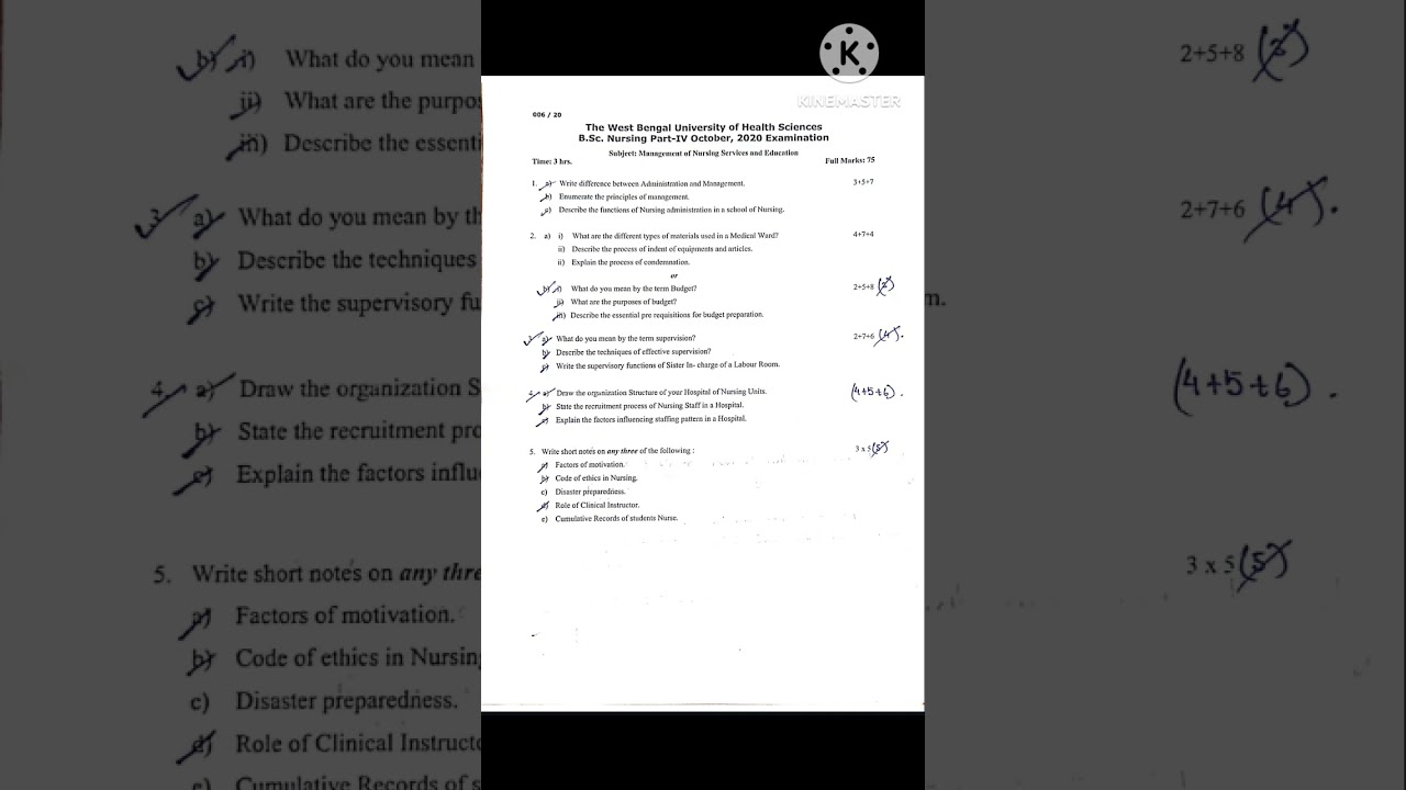 BSc Nursing 6th Semester Management & Leadership Question Paper 2020