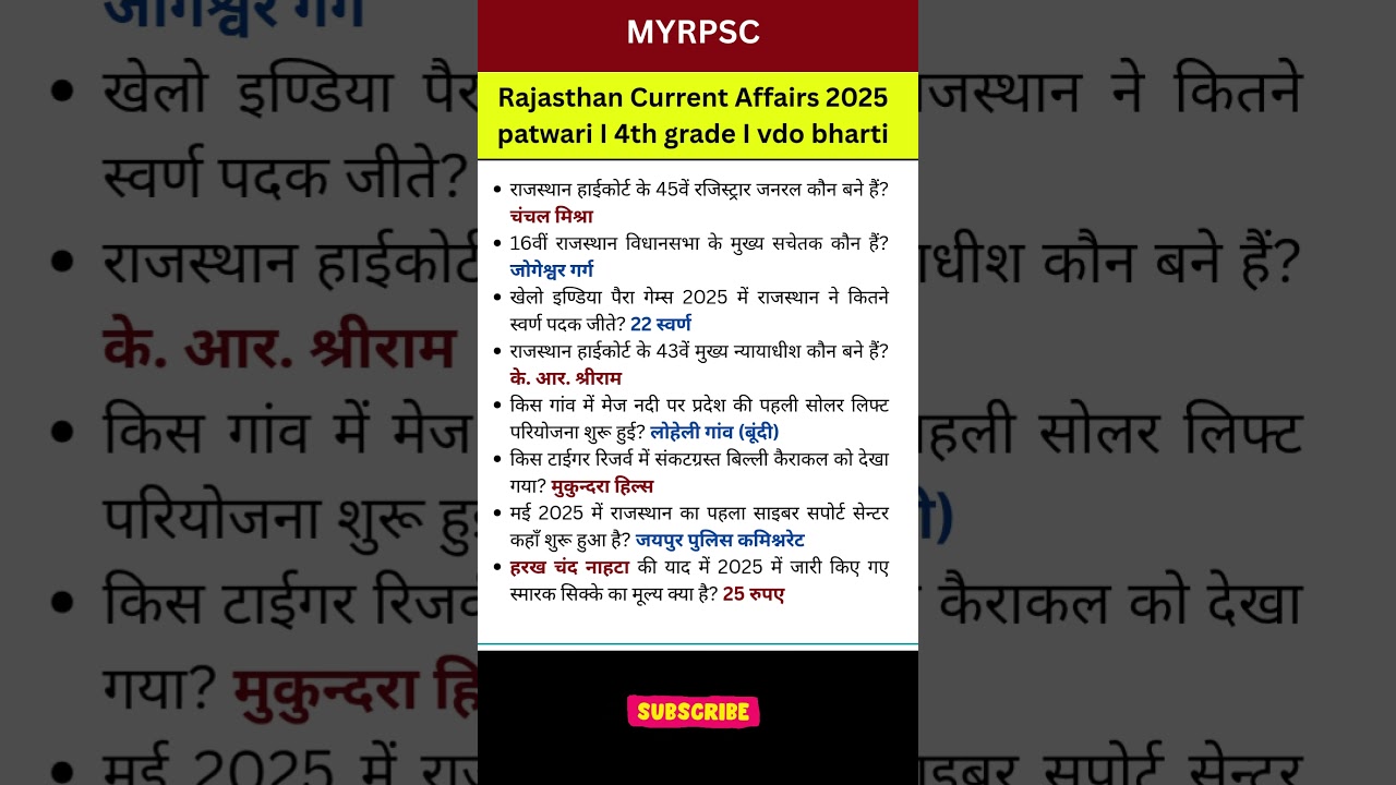 Rajasthan Current Affairs 2025 for Patwari & VDO 📝